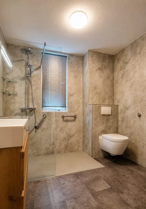 Seniorvriendelijke badkamer met inloopdouche, steunbeugels en hangtoilet